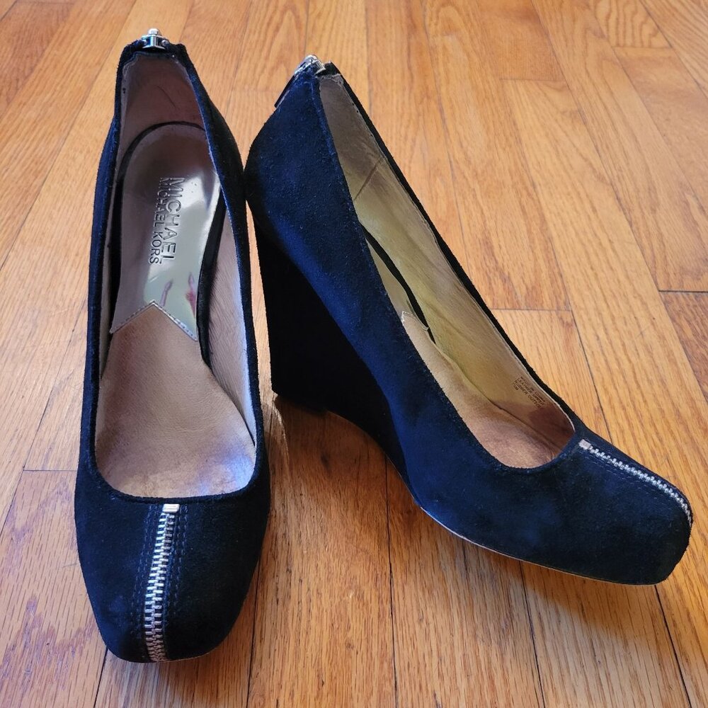 Michael‎ Kors Black Leather Suede Wedge Heels 7.5M Rock Steampunk Zippers